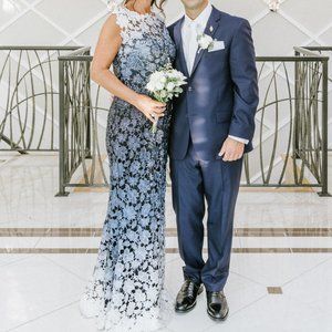 Women's Montage Mon Cheri Evening Gown (size 6, ombre white, navy, black)